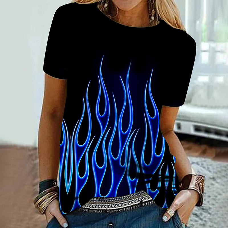 Women’s Colorful Flame 3D Print Oversized T-Shirt – Summer Streetwear Tee