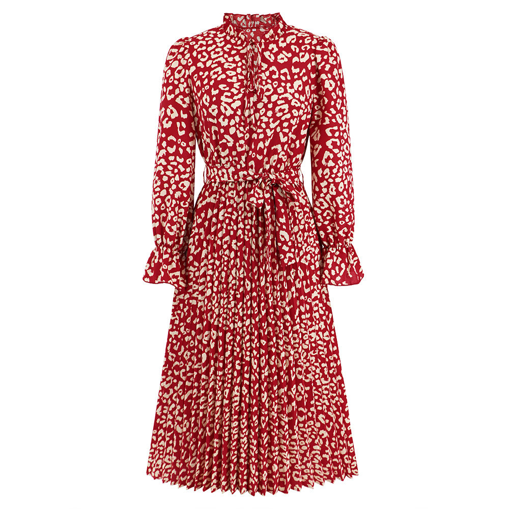 Women’s Leopard Print Pleated Dress – Stand Collar Slim-Fit Lace-Up Midi Dress