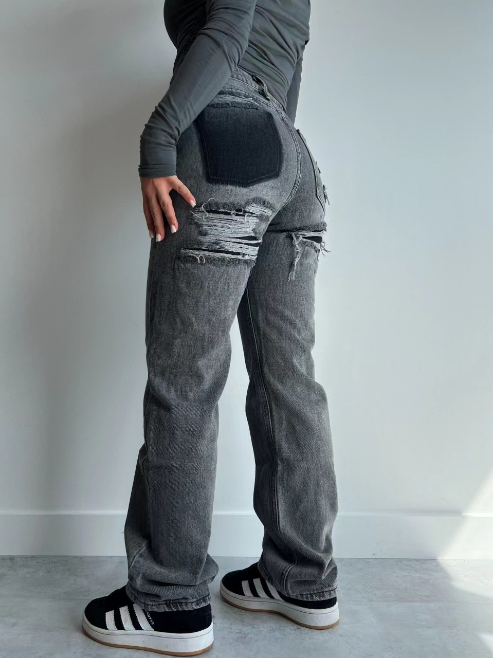 Women’s Straight-Leg Ripped Jeans – Cotton Blend Distressed Denim in Dark Gray, Light Blue & Faded Blue, XS–L