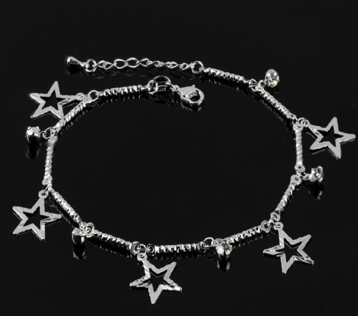 Silver Double Layer Star and Heart Charm Anklet