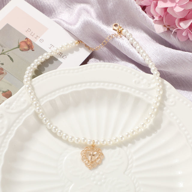 Retro Women's Heart Cross Pendant Pearl Choker Necklace