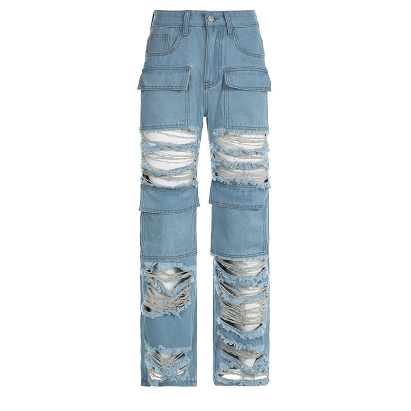 Women’s High-Waist Zipper Straight Ripped Jeans – Distressed Blue Denim, S–2XL