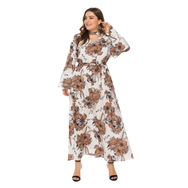 Plus Size Boho Floral Maxi Dress – Choker V-Neck Long Sleeve Dress XL–3XL