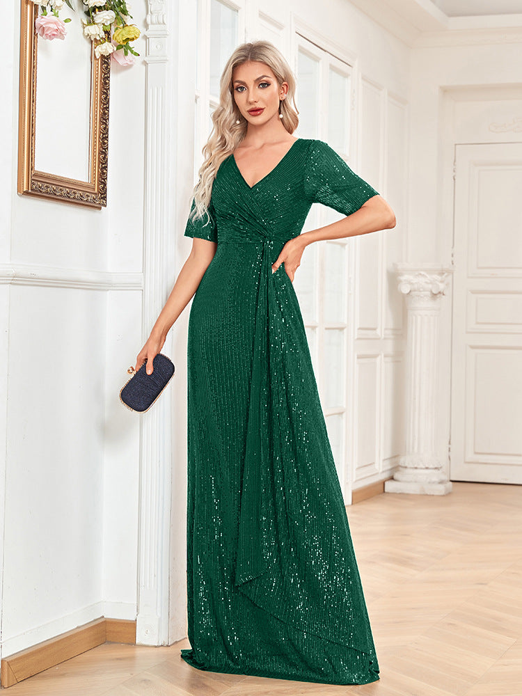 V-Neck Sequin Fishtail Short Sleeve Dress for Women – Elegant Party Evening Dress
