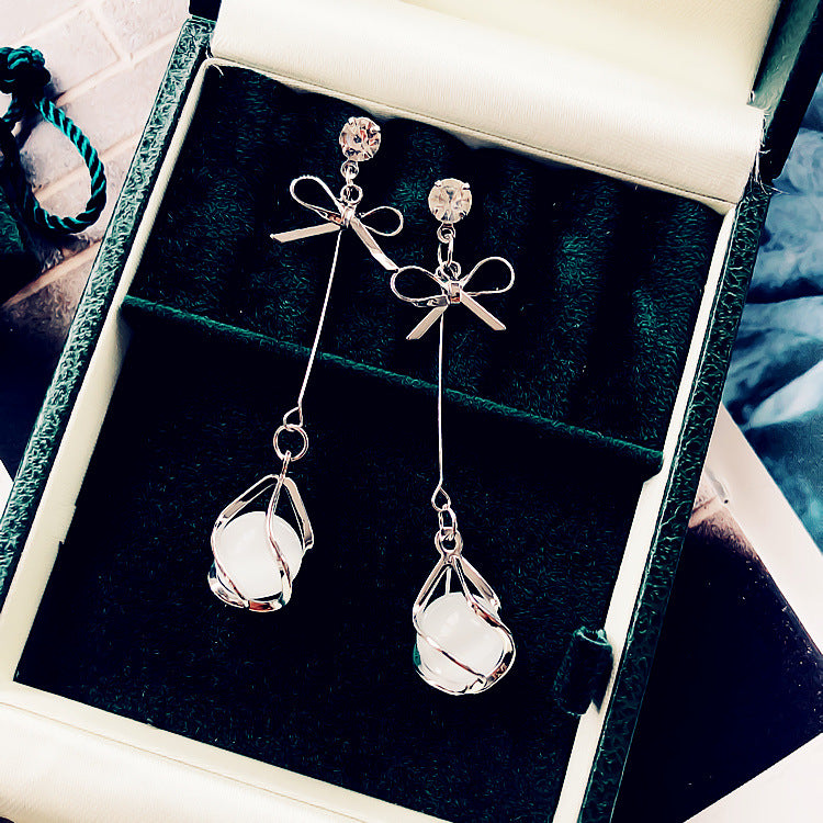 Korean Bowknot Cat’s Eye Tassel Earrings – Minimalist Long Drop Jewelry