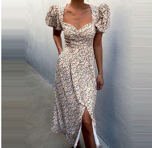 WOLFF Square Neck Floral Wrap Dress for Women – Puff Sleeve Tie Waist Flowy One-Piece Dress