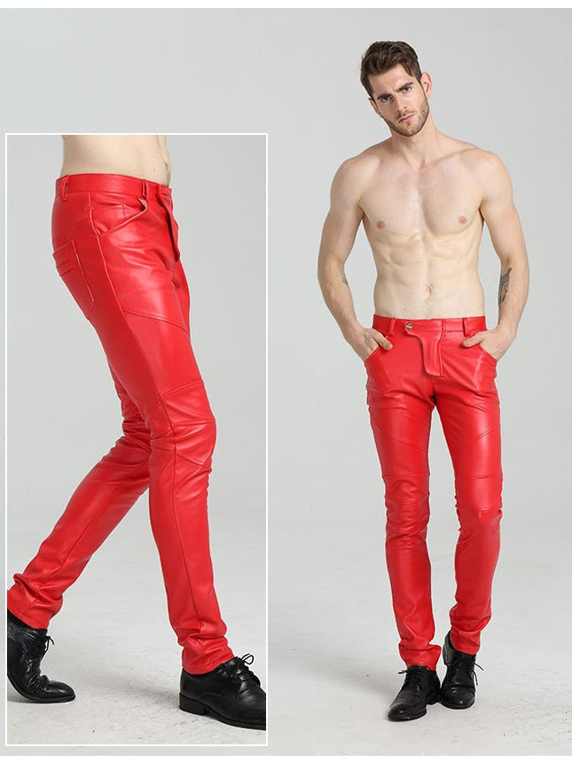 Men’s Slim Fit Spliced Leather Pants – Fashion Biker Trousers