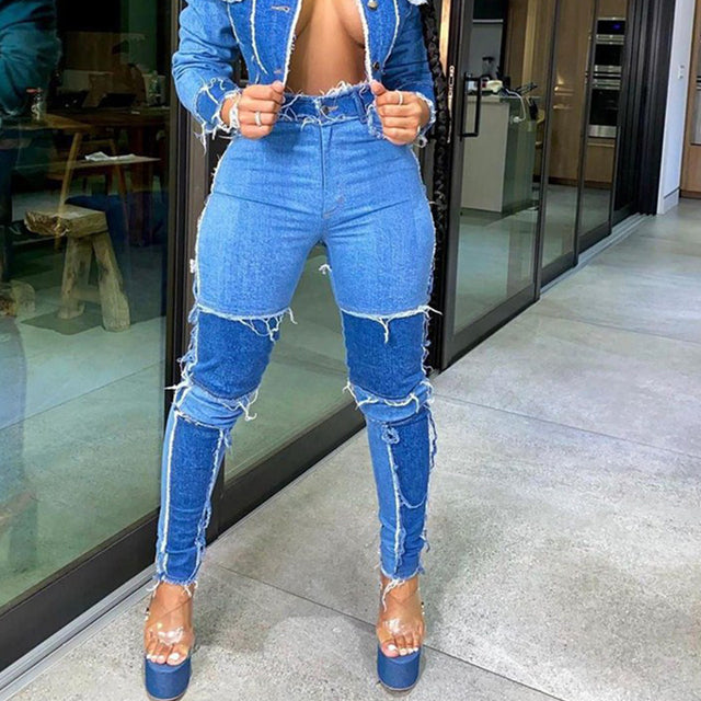 Women’s Colorblock High-Waist Skinny Jeans – Cotton-Blend Autumn Pants, S–3XL