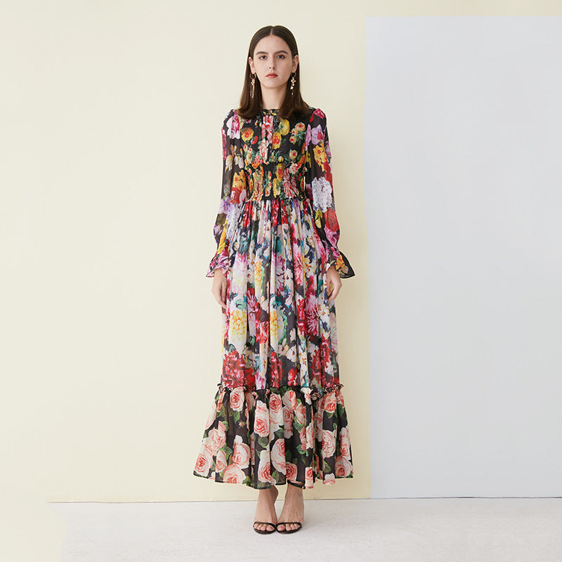Women’s Red Floral Princess Maxi Dress – Breathable Printed Long Dress, S–XL