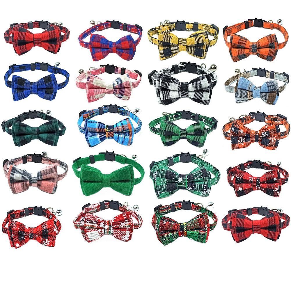Cotton Cat Collar with Plaid Bow Tie & Removable Bell – Adjustable 28CM Pet Collar