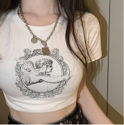 Angel Print Heart Circle Short Sleeve T-Shirt for Women