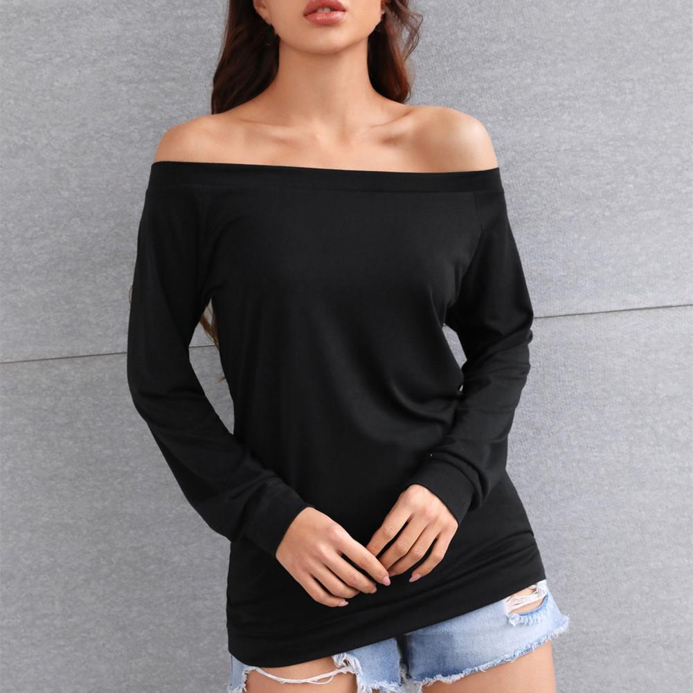 Off Shoulder Long Sleeve Round Neck T-Shirt for Women