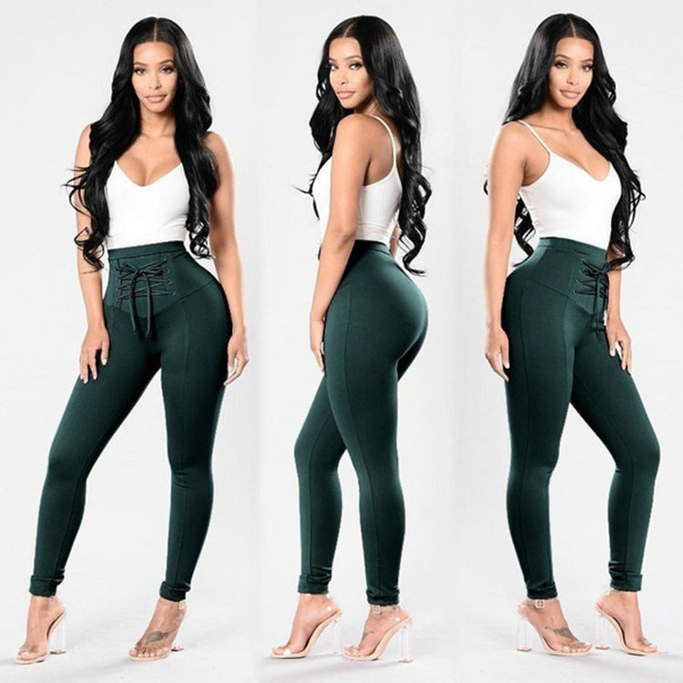 Women’s Plus Size High-Waist Cotton Pencil Pants – Lace-Up Casual Trousers, S–2XL
