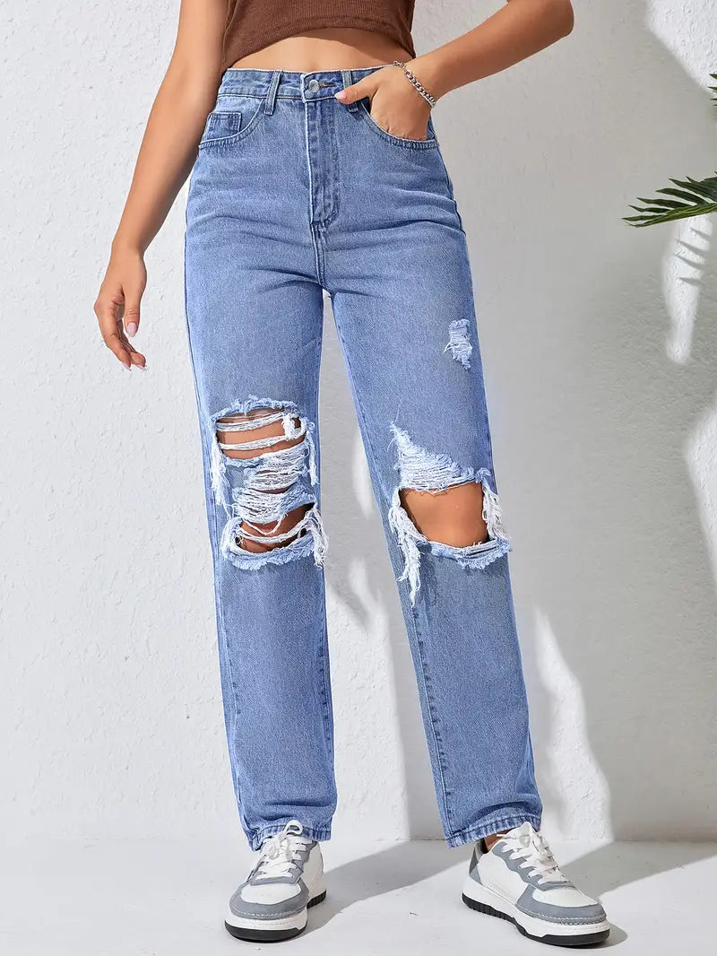 Women’s High-Waist Ripped Straight-Leg Jeans – Distressed Blue Denim, XS–L