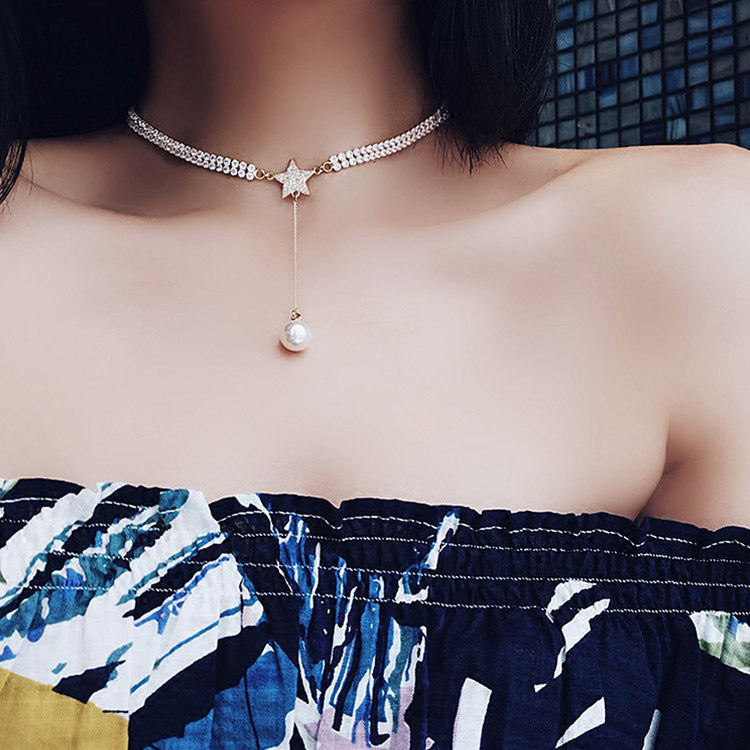 Korean Style Star Pearl Choker with Layered Tassels