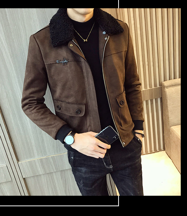 Men’s Suede Jacket with Stylish Fleece Collar – USA