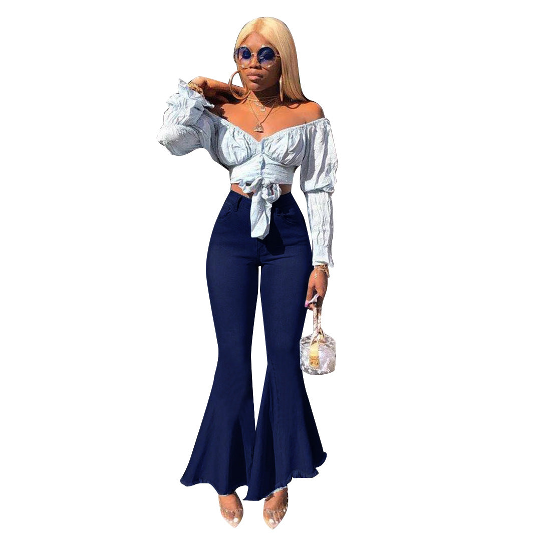 Women’s High-Stretch Denim Flared Jeans – Retro Flare Pants in Dark & Light Blue, S–3XL