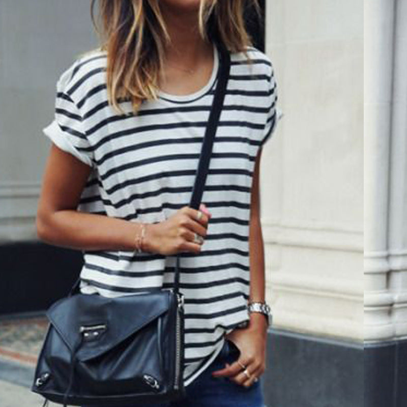 Striped Short Sleeve Loose T-Shirt for Women