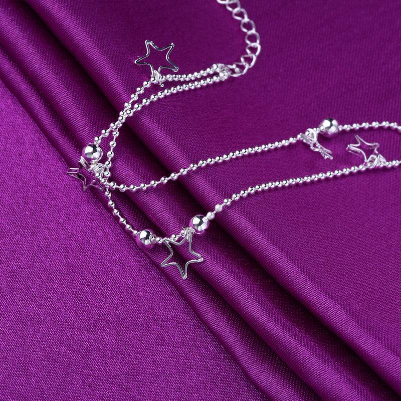 Silver Anklet with Double Layer Star Design - Fashion Jewelry