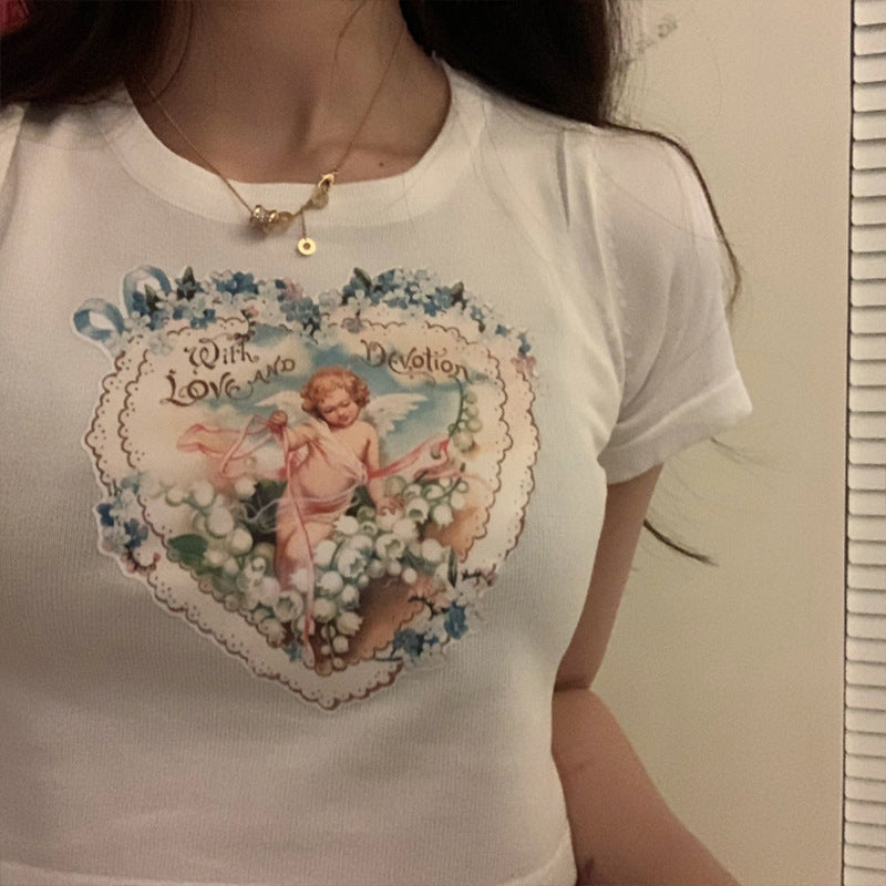 Angel Print Summer Short Sleeve T-shirt for Women