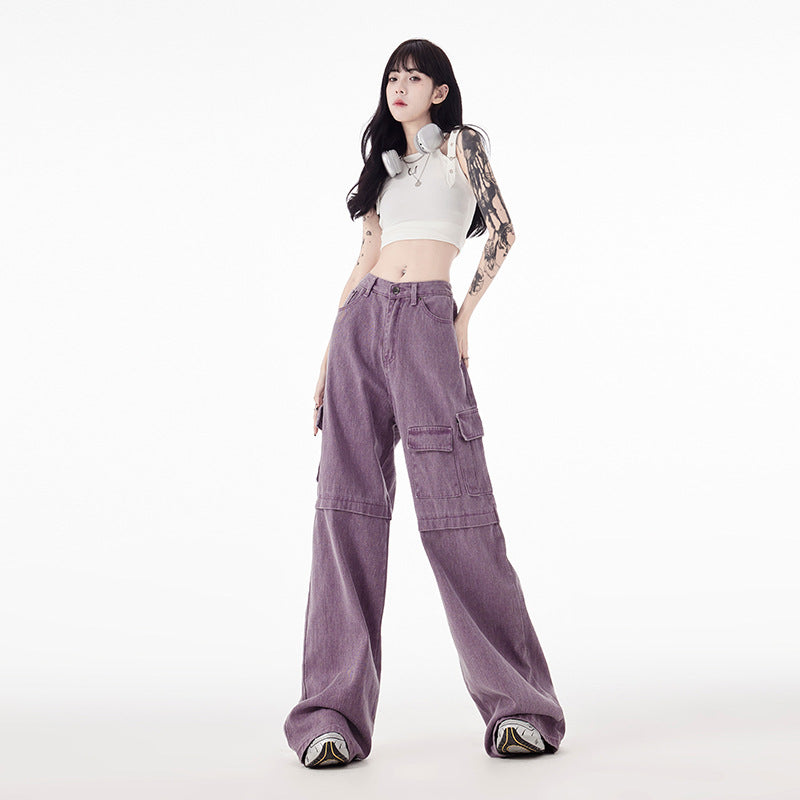 Women’s Purple Multi-Pocket Workwear Jeans – Japanese Korean Street-Style Cotton Denim, XS–XL