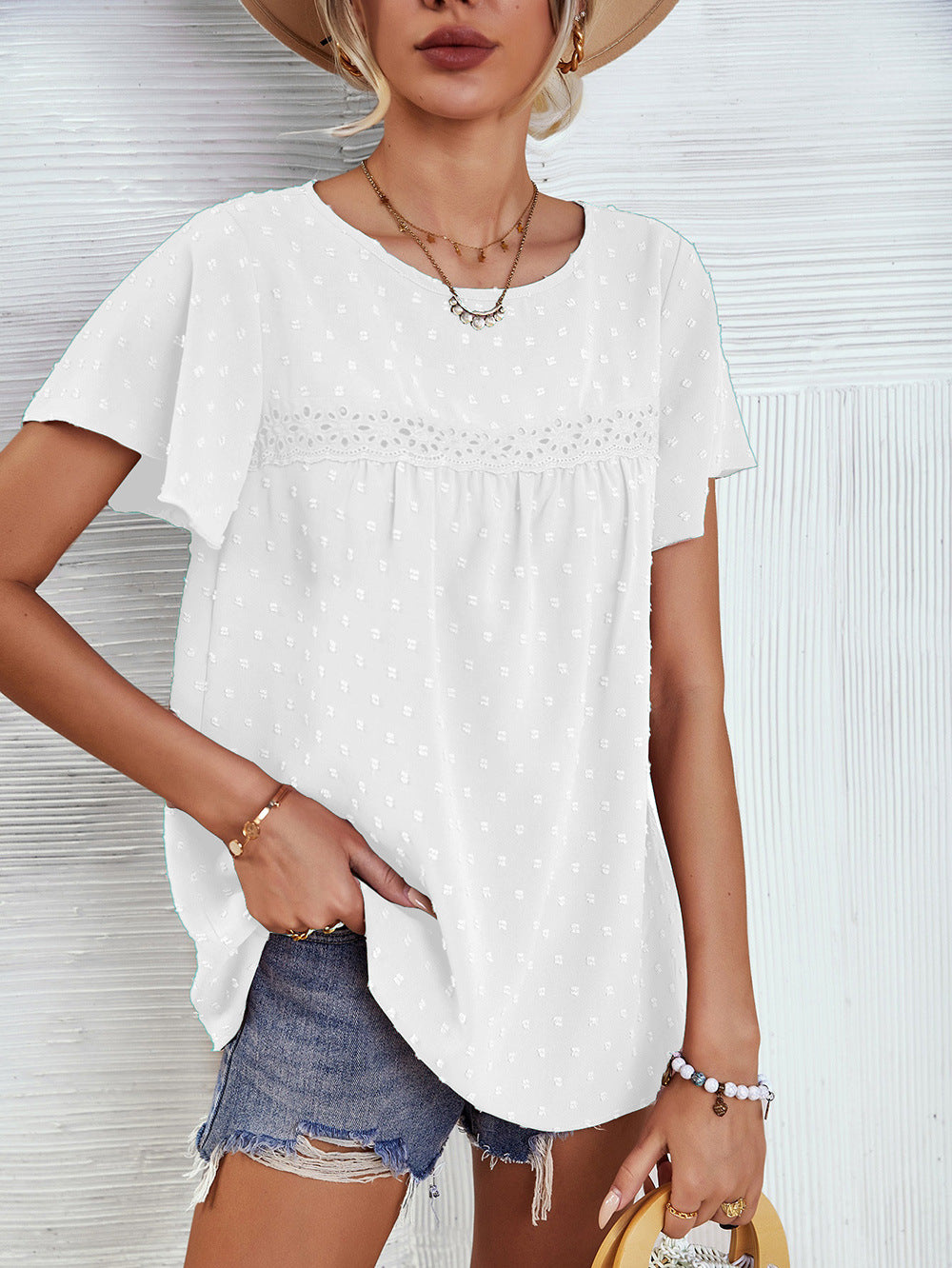 Women’s Solid Color Lace Babydoll Top – Short Sleeve Summer Blouse