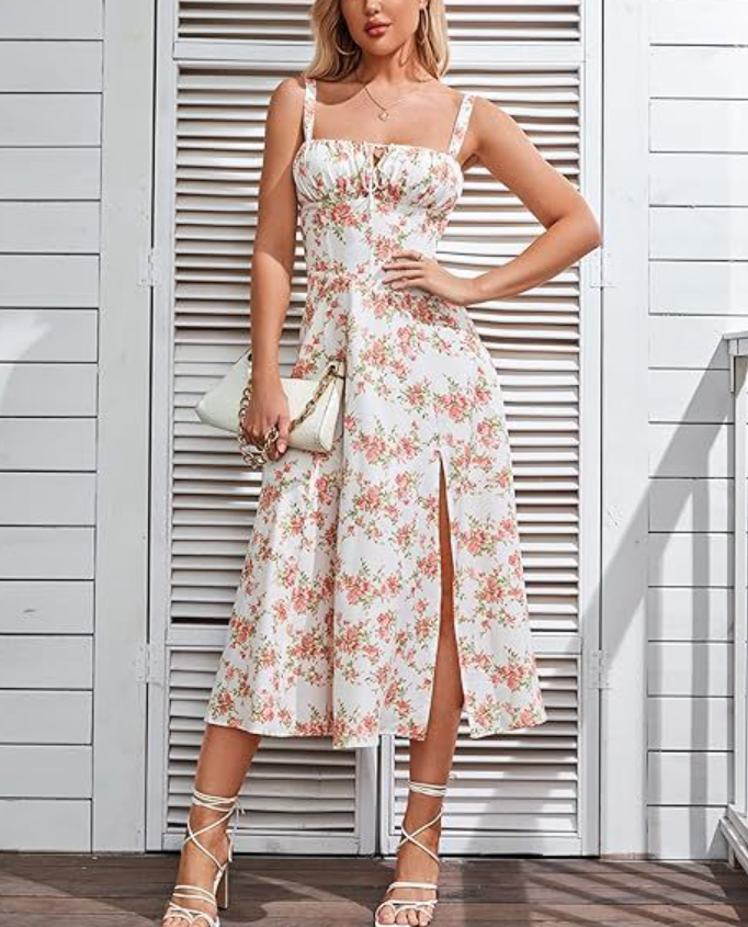 Women’s Bohemian Floral Midi Tank Dress – Sleeveless Summer Vacation Dress