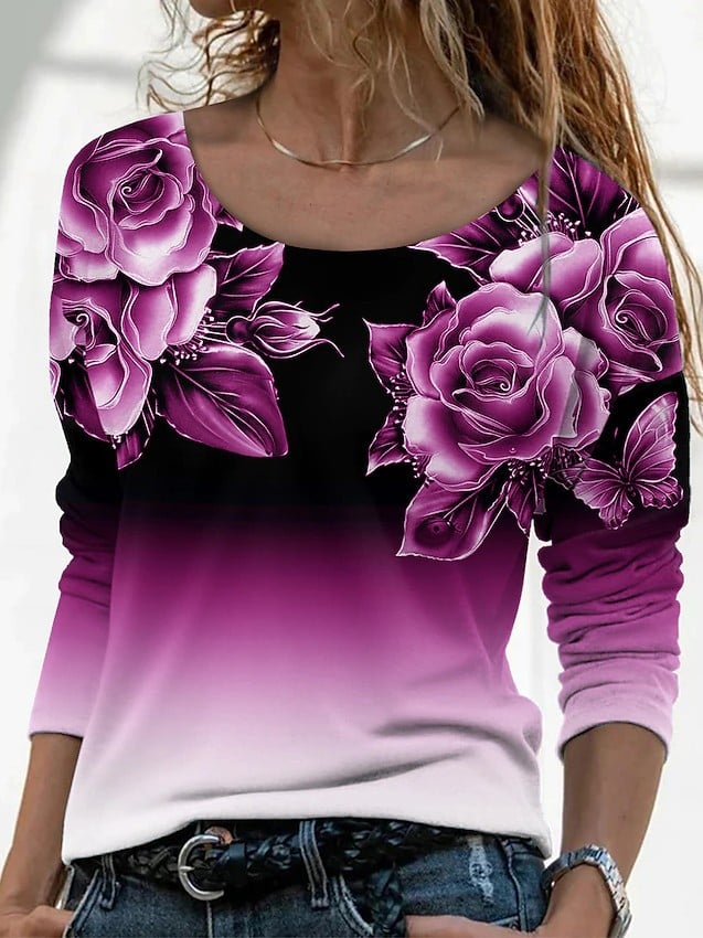 3D Printed Casual Long Sleeve Pullover T-Shirt for Women
