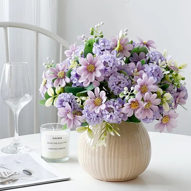 Everlasting Hydrangea Daisy Bouquet – Lifelike Faux Flower Bunch for Elegant Home Decor