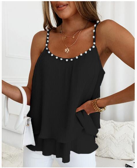 Women’s Pearl Accent Pleated Tank Top – Elegant Sleeveless Summer Blouse