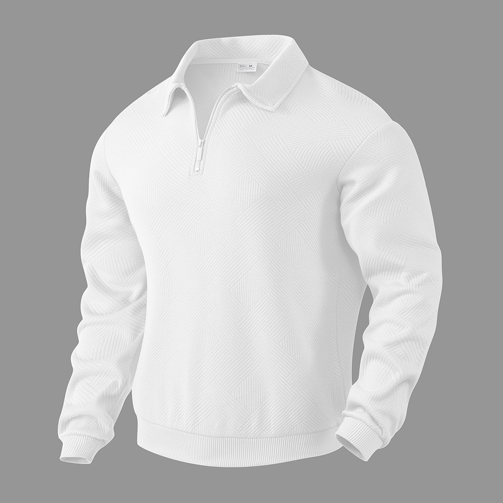 Men’s Lapel Jacquard Half Cardigan Sweater – Textured Polyester Long Sleeve Pullover, 5 Colors, S–3XL