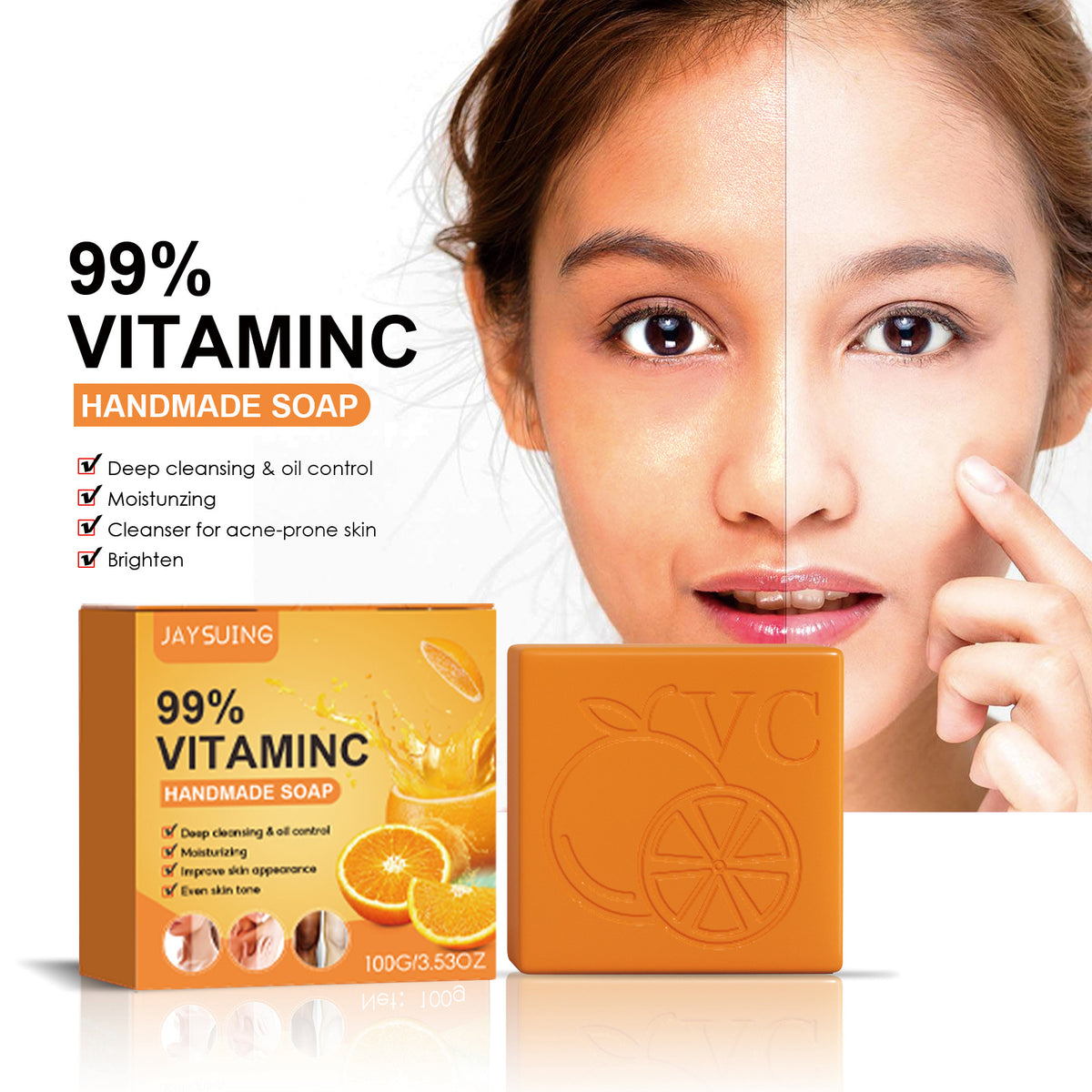 Jaysuing VC Brightening Body Soap – Moisturizing Cleansing Bar for Radiant Skin 100g