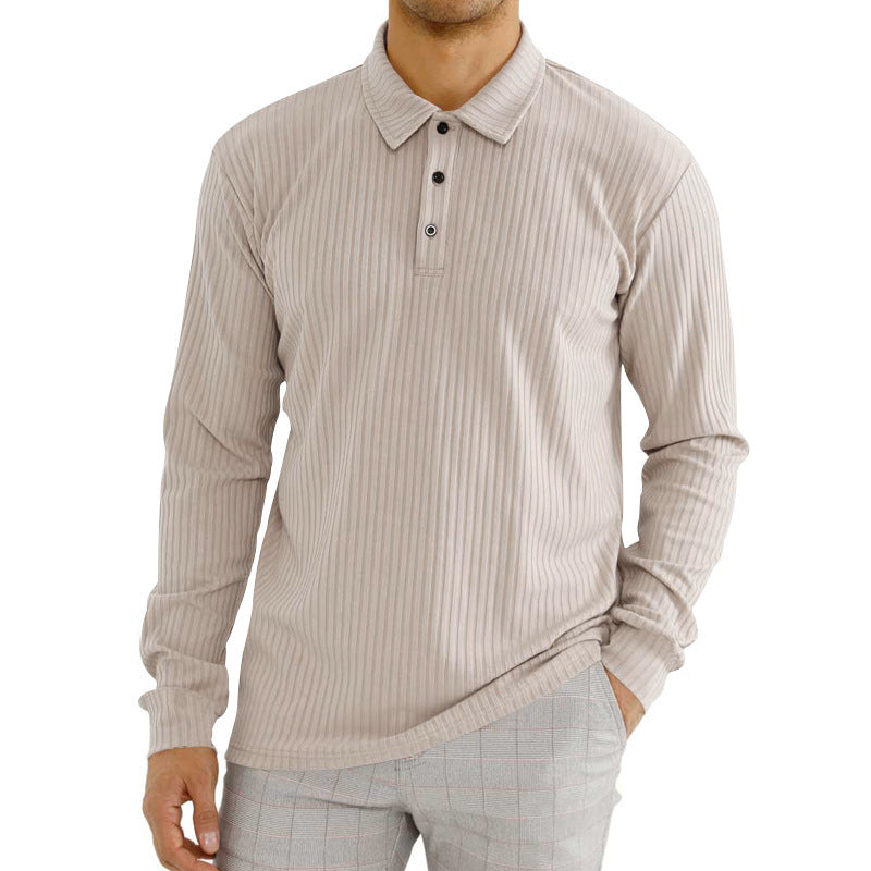 Men’s Vertical Stripe Long Sleeve Polo Shirt – Loose Fit Casual Lapel Top, S–3XL