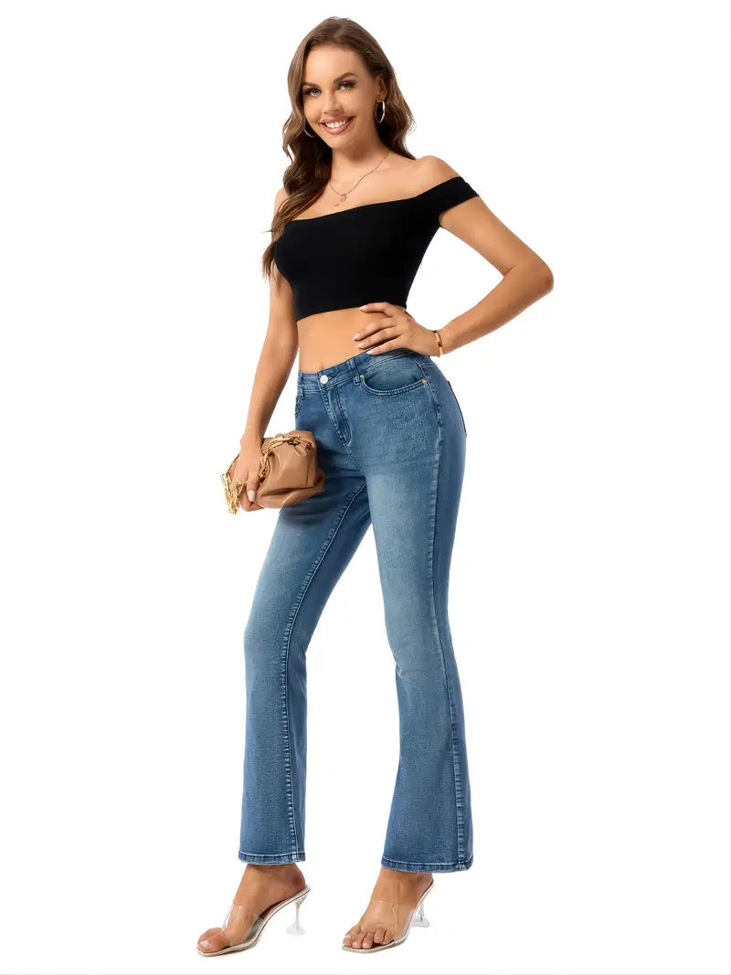 Women’s Blue High-Waist Flared Jeans – Micro-Elastic Slim-Fit Denim, S–XL