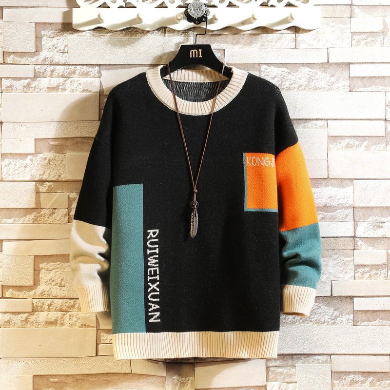 Men’s Contrast Color Oversized Sweater – Korean-Style Loose Knitwear – USA