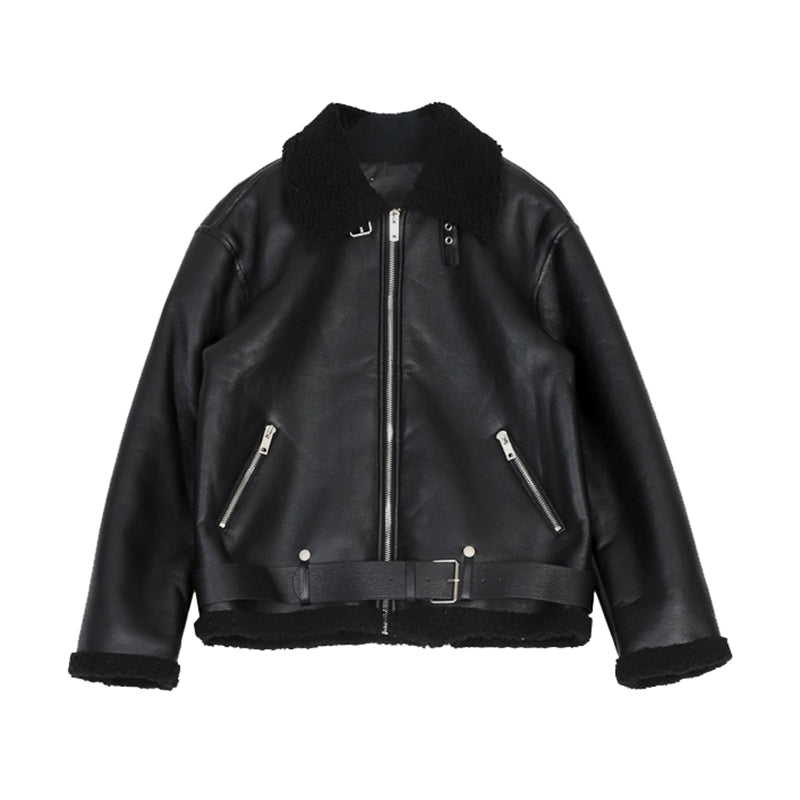 Men’s Loose Fleece Lamb Fur Jacket – Faux Leather Oversized Winter Jacket, Black, M–2XL