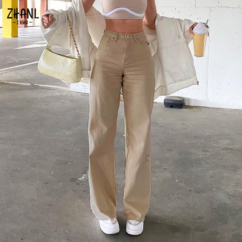 Women’s Trendy Wide-Leg Casual Jeans – Cotton-Blend Straight-Leg Pants in Khaki, Black & Brown, S–L