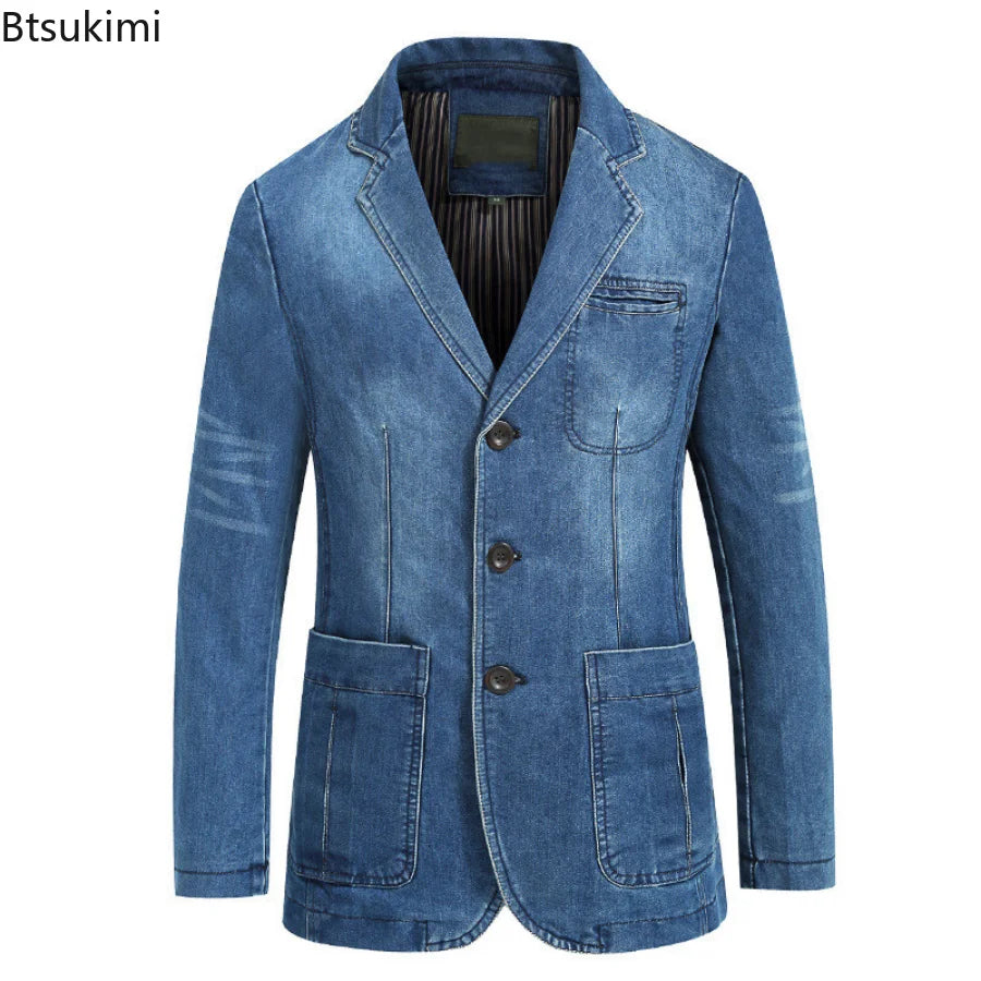 Men’s Slim-Fit Denim Suit Jacket – Modern Casual Formal Blazer