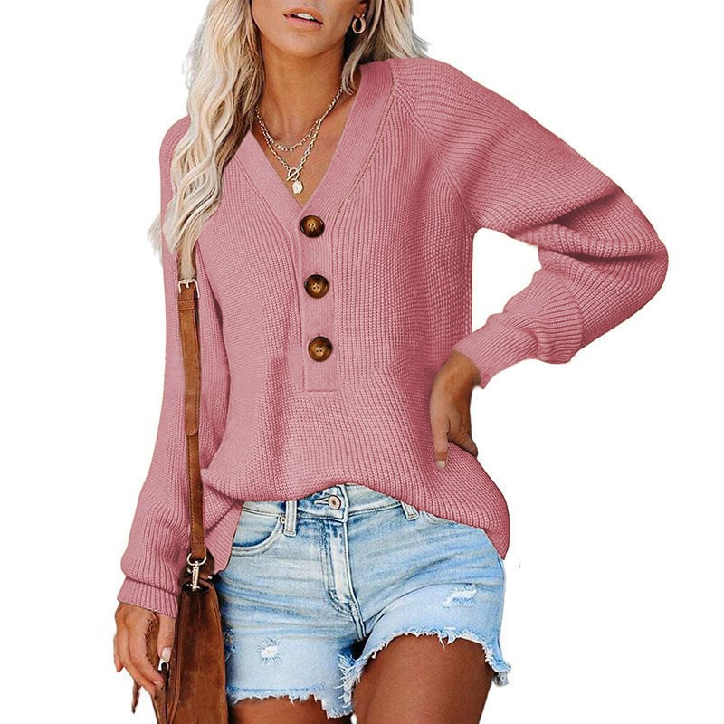 Women’s Button Knitted V-Neck Sweater – Cotton Loose-Fit Long Sleeve Pullover, 11 Colors, S–3XL