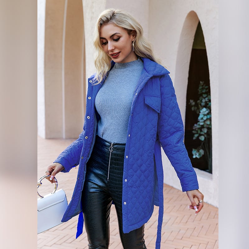 Women’s Blue Padded Cotton Jacket – Single-Breasted Lightweight Warm Coat, S–L