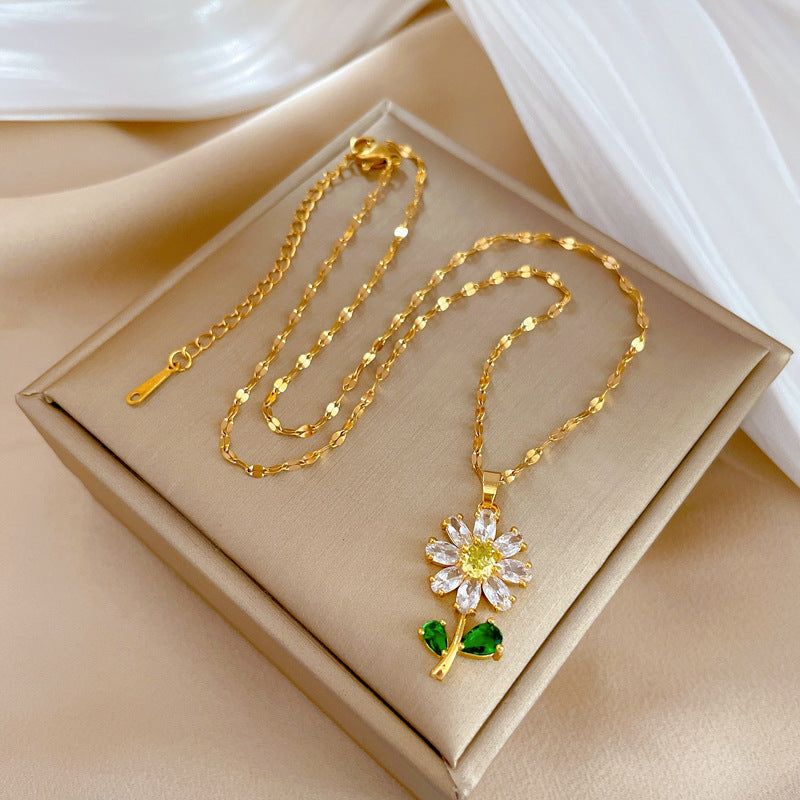 Titanium Steel Zircon Flower Necklace for Women