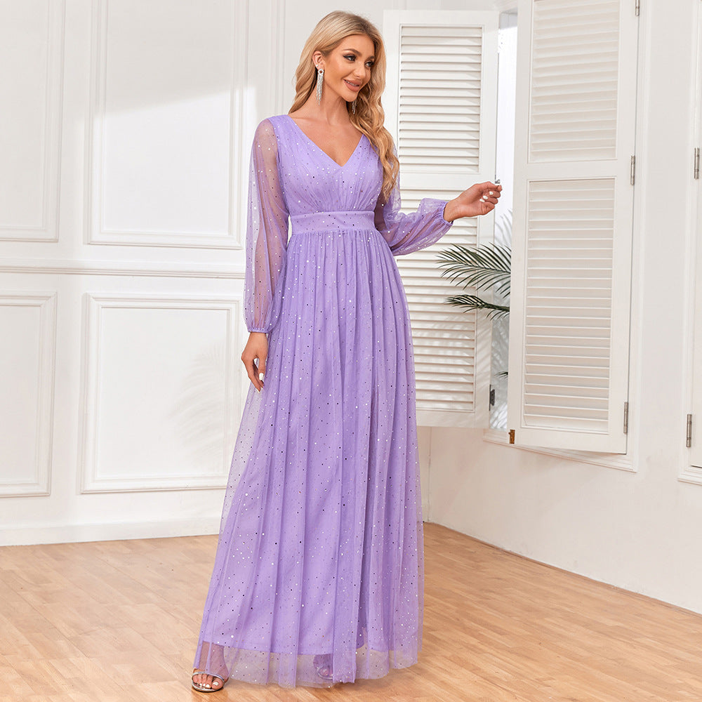 Elegant Sheer V-Neck Evening Dress – Long Sleeve A-Line Formal Party Gown