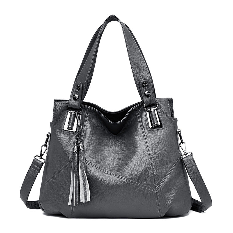 Fashionable Soft Leather Large Shoulder Bag for Women – Spacious Lychee Texture PU Handbag with Fringe Detail