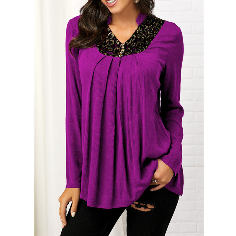 Women's V-Neck Floral Print Lace Top – Long Sleeve Slim Fit Blouse