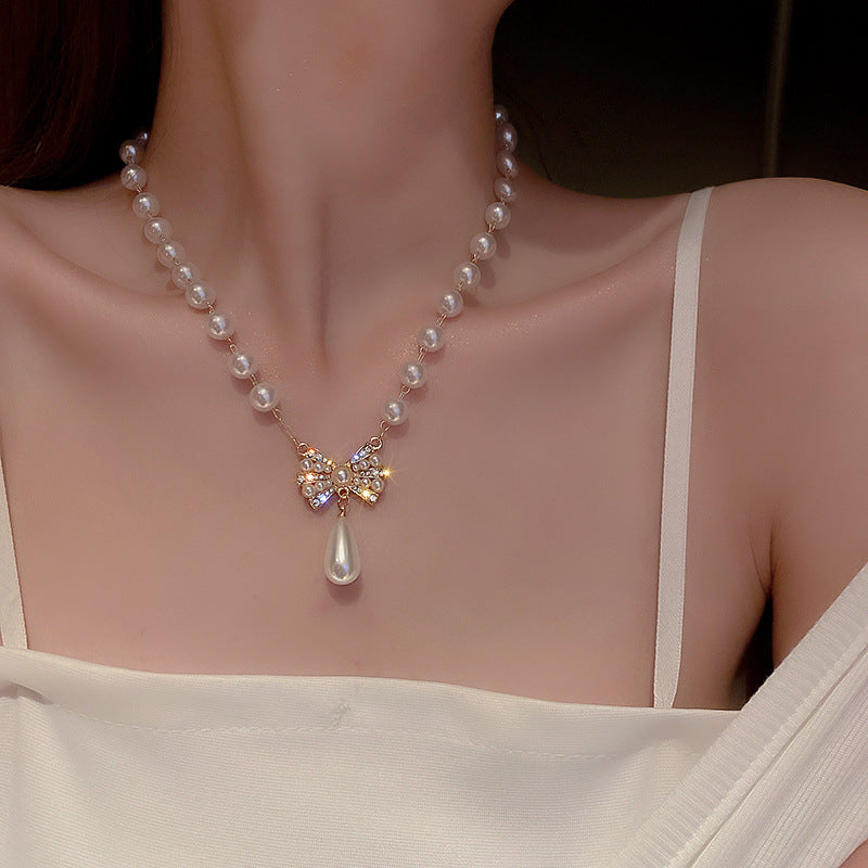 Korean Vintage Pearl Tassel Floral Bow Choker Necklace