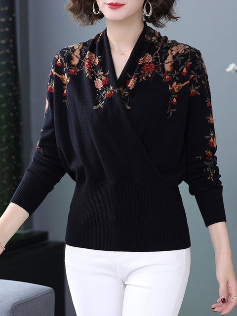 Women’s Chinese Style Autumn Print Pullover Sweater – Half Turtleneck Long Sleeve Knit Top, 7 Colors, XL–3XL