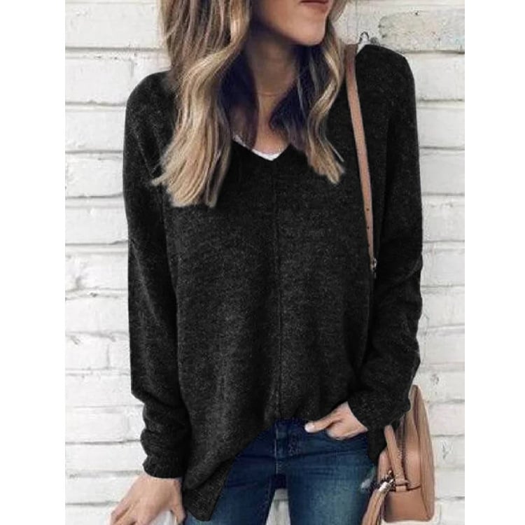 Women’s Plus Size V-Neck Fleece Pullover Sweater – Thick Cotton Spliced Warm Top, 6 Colors, S–5XL