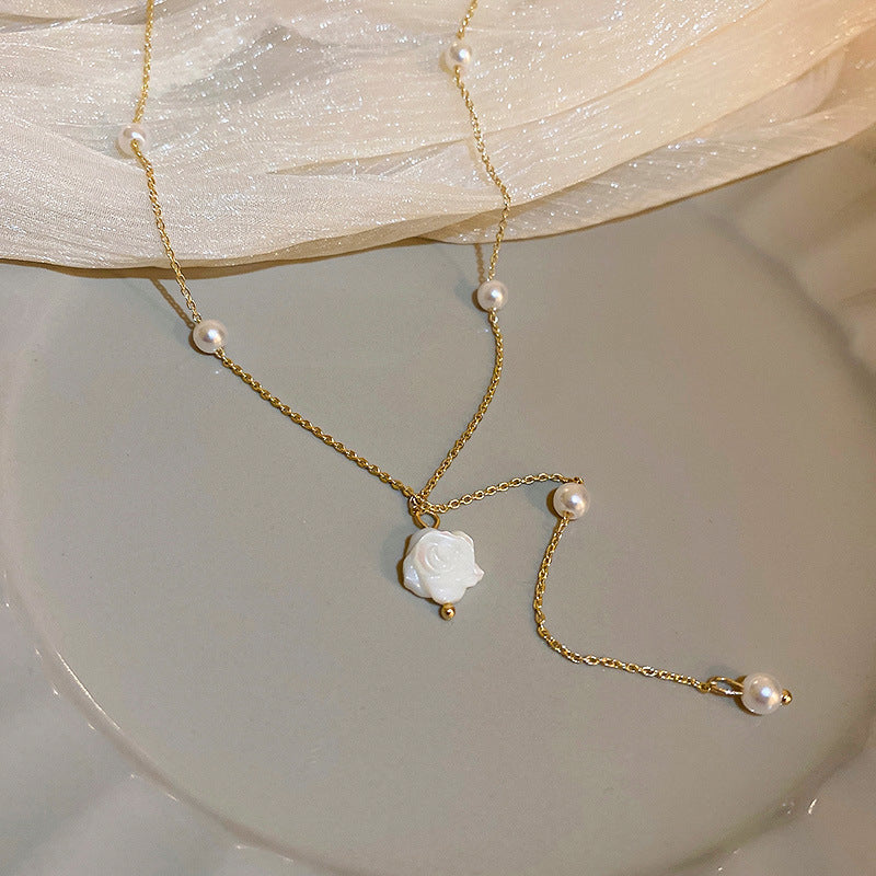 Korean Vintage Pearl Tassel Floral Bow Choker Necklace