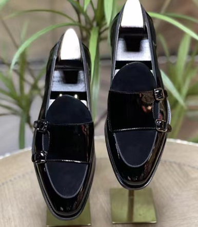 Men’s Black Leather Monk Loafers – Classic Low-Cut Dress Shoes