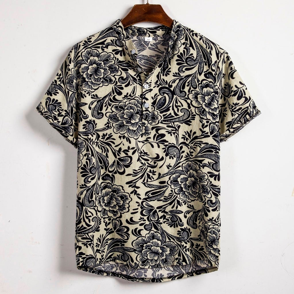 Men’s Floral Cotton Short Sleeve Shirt – Loose Fit Lapel Casual Summer Shirt, M–3XL
